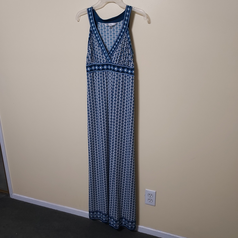 Max Studio Blue & White Stretch Maxi Dress Festival Hippie Garden Party Beach